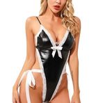 NewBull Kadın ıslak görünümlü iç çamaşırı korse seti dantel Bodysuit suni deri Leotard oyuncak tek parça yüksek kesim tanga kulübü lateks kostüm cadılar bayramı kadınlar için seksi yaramaz kıyafet