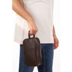 Newish Erkek Deri Portföy Clutch Traş Kozmetik Bakım ve Günlük El Çantası - Kahverengi