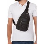 Newish Polo Erkek Kumaş USB Kulaklık Çıkışlı Bodybag Göğüs ve Omuz Çantası - Siyah - Beyaz