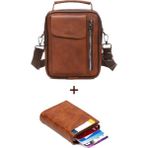 Newish Polo Erkek Mekanizmalı Cüzdan ve Deri Kapaklı Omuz El Çantası (17X22CM) - NEWPOLO337 - Taba - Altın
