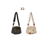 Newish Polo Kadın Monogram Desenli Uzun Askılı Çapraz Omuz Çantası 2 Adet – Kahve - Bej Taba