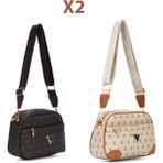 Newish Polo Kadın Monogram Desenli Uzun Askılı Çapraz Omuz Çantası 2 Adet – Siyah - Bej - NEWPOLO361