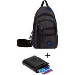 Newish Polo Keten Kumaş USB Kulaklık Çıkışlı Göğüs Omuz Çantası ve Mekanizmalı Cüzdan Kartlık - Siyah - NEWPOLO122