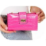 Newish Polo Telefon Bölmeli Klipsli Fermuarlı Portföy Cüzdan Orta Boy- Krokodil Suni Deri - Pembe