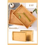NEWNOW 2'li Kulplu Bambu Ahşap Dikdörtgen Çay Kahve Servis Lüx Sunum Tepsi 33cm&40cm
