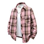 Newrong Erkek Ekose Uzun Kollu Gömlek - Günlük Gevşek Fit Düğme Aşağı Yaka Gömlek Ceket, Pembe, 3XL