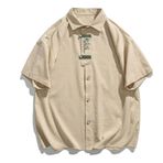 Newrong Erkek Retro Çin İşlemeli Kısa Kollu Gömlek Gevşek Fit Casual Mandarin Yaka Yaz Gömlek, Kayısı, 5XL