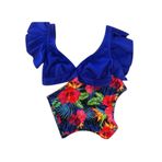 newrong Kadın 2 parçalı set, yüksek belli dolgulu mayo, çiçek baskılı, yazlık plaj bikini, Kral mavisi + çiçek, S