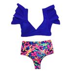 newrong Kadın 2 parçalı set, yüksek belli dolgulu mayo, çiçek baskılı, yazlık plaj bikini, mavi (Königsblau), XS