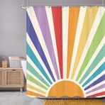 Newsely Boho Sun 70s Duş Perdesi 150 G x 182 cm Retro Gökkuşağı Sevimli Hippi Vintage Gün Doğumu Gün Doğumu Renkli Soyut Duş Perdesi Seti Estetik Su Geçirmez Banyo Dekorasyon Aksesuarları Ev Dekoru