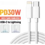 Nexiva Iphone 11-12-13-14-Plus Pro ve Pro Max Uyumlu Hızlı Şarj Kablosu 30W Hasır Kablo - 30W Beyaz