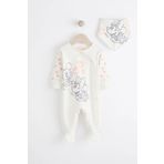 Next Baby %100 Organik Pamuk Lisanslı Minnie Mouse Baskılı Krem 2'li Tulum Ve Şapka Seti