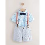 Next Baby Mavi Beyaz Baskılı Gömlek, Pantolon Askısı, Şort ve Papyon Alt ve Üst Takım - Çok Renkli