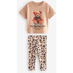 Next Baby Pamuklu Kahverengi Leopar Desenli Kısa Kollu Taytlı Takım - 3 - 4 Yaş