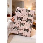 Nezih Case İpad Air 11 Inch M2 M3 Çip Air 4. /5. /6. Nesil Uyku Modlu Kalem Bölmeli Standlı Premium Kılıf - Pembe - Kedi
