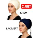 NF ND ENEFENDİ 2 Adet Silikonlu Fırfırlı Bone Kaymayan Topuz Bonesi Dikişsiz Krem Lacivert | Konforlu Pratik Bone - Krem - Lacivert - Standart