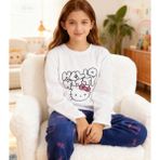 NiCe İç Giyim Hello Kitty Polar Lacivert Beyaz Pembe Kız Çocuk Pijama Takımı Yumuşacık Kışlık Karne Hediyesi - Beyaz-Lacivert - 6 - 7 Yaş