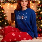 NiCe İç Giyim Lacivert Kırmızı Snow Yazı Desenli Polar Bayan Pijama Takım Kışlık - Lacıvert - Saks - XL