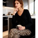 NiCe İç Giyim Siyah Leopar Desenli Flexıble Cotton Esnek Kumaş Kadın Pijama Takımı - XL