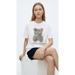 NİCE Kadın Oversize Tişört Bear Baskılı Beyaz – Bisiklet Yaka, %100 Pamuk Compact T-shirt