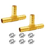 NICOLEKAY 5/8 "Pirinç Barb Tee Bağlantı Parçaları T-Şekilli 3 Yollu Birlik Hortumu Diken Boru Bağlantısı 6 adet Paslanmaz Çelik Boru Kelepçesi ile Su/Yakıt/Hava (2'li Paket)
