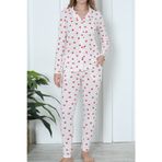Nicoletta Kadın Düğmeli Pijama Takımı Uzun Kollu Cepli Kalpli Sevgililer Günü BEYAZ