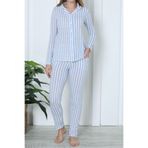 Nicoletta Kadın Pijama Uzun Kollu Düğmeli Pijama Takımı Cepli Pamuk Mavi, M