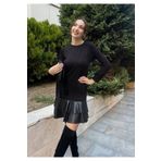 NİDAM BUTİK Kadın Uzun Kollu Bisiklet Yaka üst Viskon Etek Ucu Deri Kısa Elbise