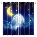 Night Sky Moon Stars Baskılı Isı Yalıtımlı Perde Yatak Odası Oturma Odası için Koyu Mavi 53 x 115 cm Su Geçirmez Polyester Perdeler Çocuklar, Gençler Yetişkinler için