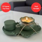 Nigi Store 3 Parça Yeşil Avangard Dekoratif Set - Dantel Tepsi, Bohça Mum Hediyelik