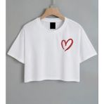 Nıgrum Pardus Özel Üretim Minik Kalp Baskılı %100 Pamuk Kız Çocuk Crop T-Shirt - Beyaz - 9 Yaş