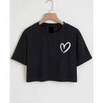 Nıgrum Pardus Özel Üretim Minik Kalp Baskılı %100 Pamuk Kız Çocuk Crop T-Shirt - Siyah - 12 Yaş