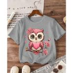 Nıgrum Pardus Pembe Çiçekli Baykuş Baskılı Bisiklet Yaka Kız Çocuk T-Shirt - Gri - 9 Yaş