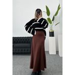Nika Fashion Kahverengi Saten Kumaş Beli Lastikli Uzun Çan Etek 91 Cm