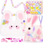 NINAOR Crossbody Çantalı Çocuklar için Tavşan Oyuncakları, Sesler Atlama Wiggling Kulakları ile İnteraktif Tavşan Oyuncakları, Rol Oyna Robot Evcil Hayvan Bakımı Kızlar için Sevimli Şeyler Gezisi