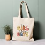 Ninastore Kedi Sözü Tote Çantası, Kedileri Seven Bir Kız, %100 Pamuklu Çevre Dostu Alışveriş Çantası, Ömürlük Çanta - Renkli