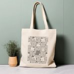 Ninastore Sevimli Kawaii Kedi Illüstrasyonlu Tote Çanta, Gri, %100 Pamuklu Çevre Dostu Alışveriş Çantası, Ömürlük Çanta - Renkli