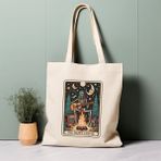 Ninastore Tarot Kartı Tote Çanta, Mutlu Kampçı, Iskelet, Uzay, %100 Pamuklu Tote Çanta. Çevre Dostu, Estetik Alışveriş Çantası, Ömür Boyu Kullanabileceğiniz Çanta. - Renkli