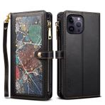 nincyee iPhone 12 Pro Max için Kapaklı Kılıf, Yıldız Seyahat Desenli Pu Deri Çoklu Kart Cüzdan Kılıf Çapraz Askılı Siyah
