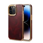nincyee iPhone 14 Pro Max için Hakiki Deri Temel Kılıf, Klasik Yağ Balmumu Desenli Deri Kaplama Tam Kapsama Koruma Tampon Kılıf Kırmızı