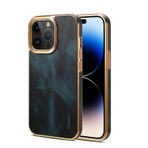 nincyee iPhone 14 Pro Max için Hakiki Deri Temel Kılıf, Klasik Yağ Balmumu Desenli Deri Kaplama Tam Kapsama Koruma Tampon Kılıf Mavi