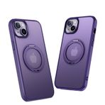 nincyee iPhone 15 Plus için Tampon Kılıf, Manyetik Cazibe Dönebilen Katlanır Halka Destek Çubuğu TPU + PC Kaplama Kılıf Mor