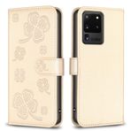 nincyee Samsung Galaxy S20 Ultra için Kılıf, Şanslı Yonca Desenli Premium Deri Cüzdan Destek Stantlı Kılıf Manyetik Tokalı Kapak Altın