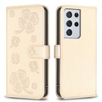 nincyee Samsung Galaxy S21 Ultra için Kılıf, Şanslı Yonca Desenli Premium Deri Cüzdan Destek Stantlı Kılıf Manyetik Tokalı Kapak Altın