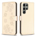 nincyee Samsung Galaxy S23 Ultra için Kılıf, Şanslı Yonca Desenli Premium Deri Cüzdan Destek Stantlı Kılıf Manyetik Tokalı Kapak Altın