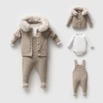 Nipperland 8332N Unisex Bebek Triko Düğmeli Hırkalı 3'lü Naturel Yün Salopet Takım - Taş - 3 - 6 Ay