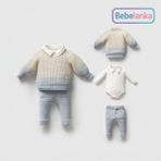 Nipperland Erkek Bebek %100 Pamuk Polo Yaka Degrade Kazak Zıbın Pantolon 3'lü Takım 489489 - Mavi - Beyaz - 9 - 12 Ay