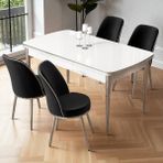 Nira Serisi 70X114 Mdf Açılabilir Beyaz Mutfak Masa Takımı 4 Siyah Sandalye Krom Detay