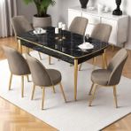 Nira Serisi 70X114 Mdf Siyah Mermer Desen Mutfak Masa Takımı 6 Cappucino Sandalye Gold Detay - Cappuccino