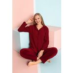 Nisanca Bordo Kadın Kışlık Welsoft Peluş Polar Düğmeli Pijama Takımı